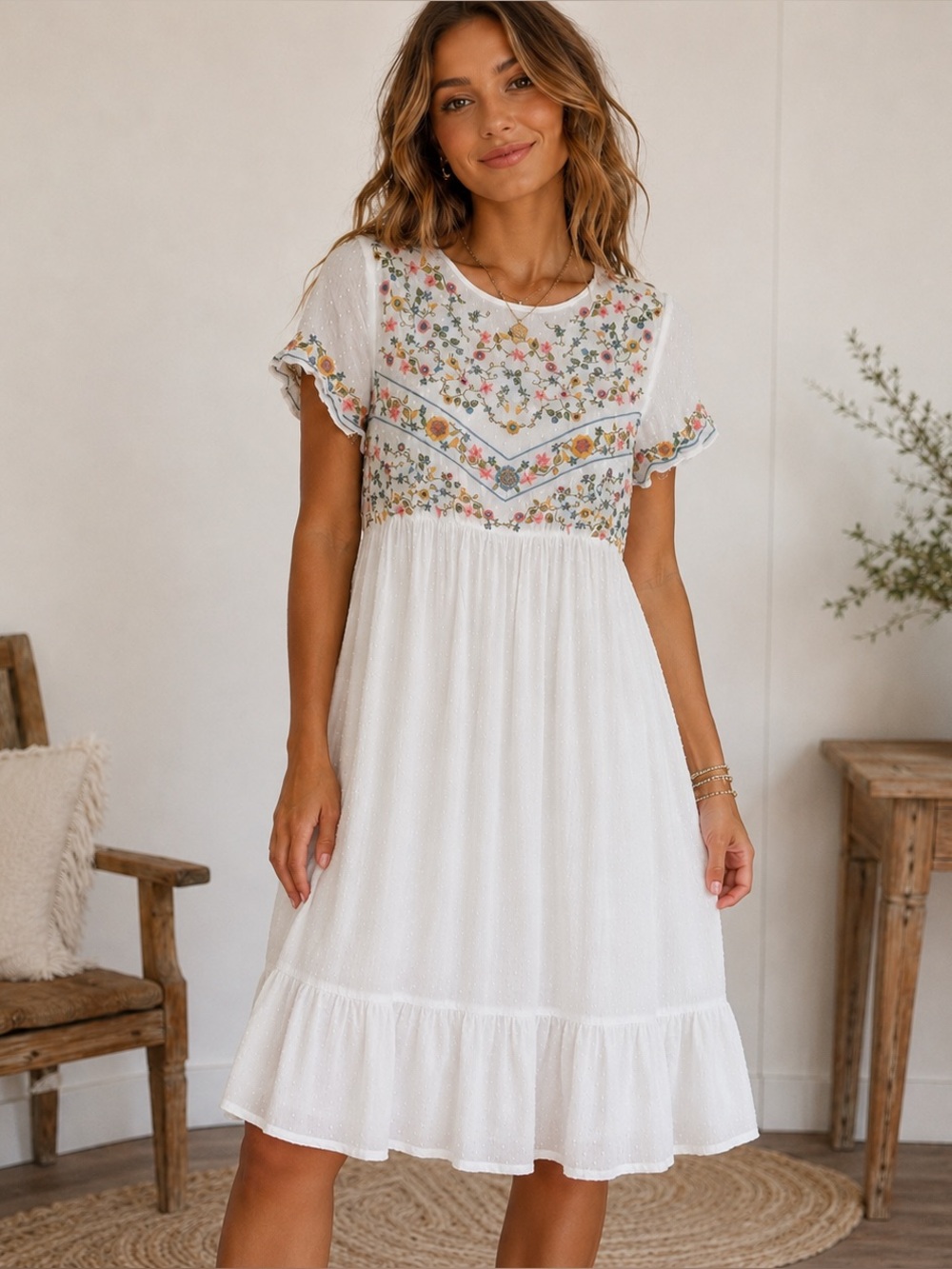 Orange Creek Country Cottagecore Floral Cotton Embroidered Babydoll Dress Medium
